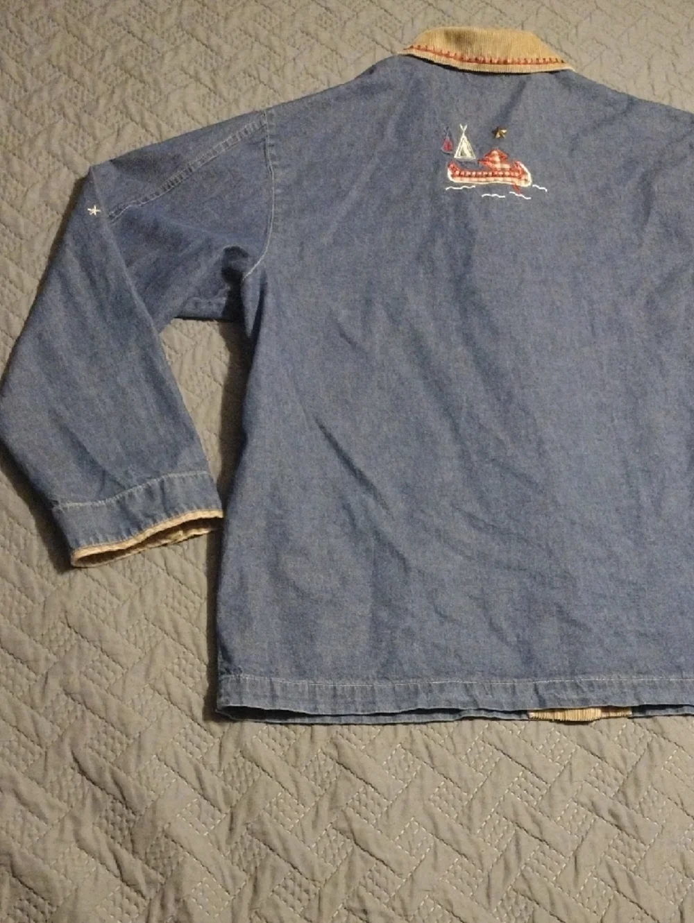 Vintage Teddi Blue Denim Jacket with Tan Corduroy Collar and Red Stitching - Picture 12 of 14